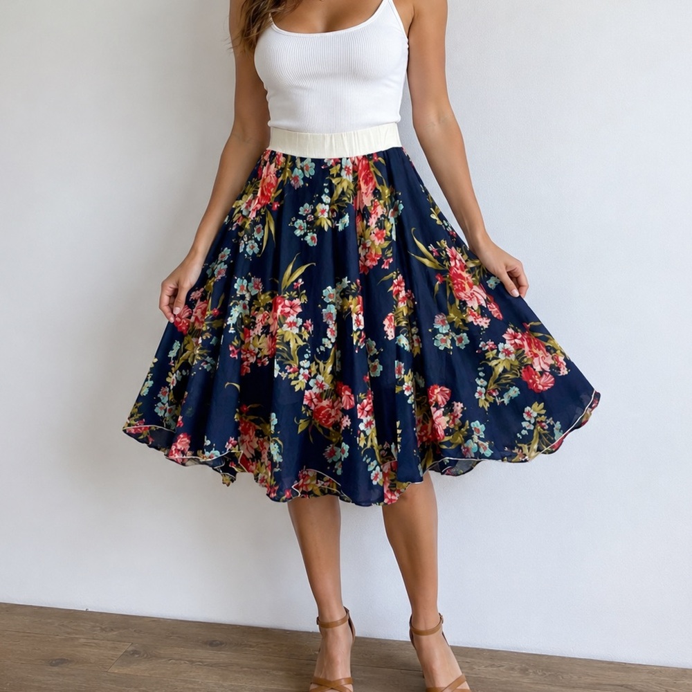 Navy Floral Print Midi Length Full Asymmetrical Cotton Gauzy Peasant Skirt